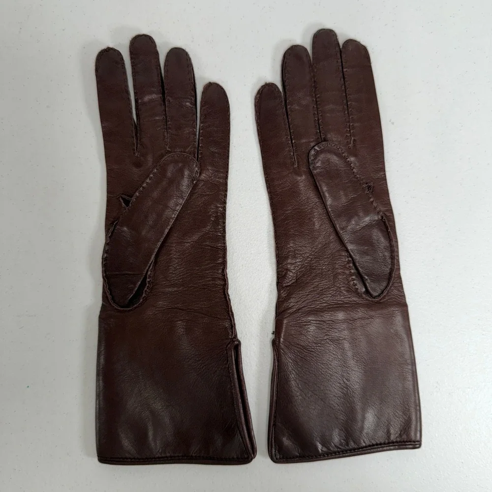 Dooney & Bourke S Leather Gloves Brown Silk Lined Fold Over Italy Monogram Cuff
